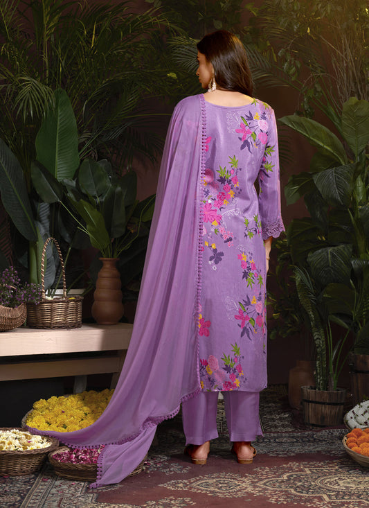 Lilac Pink Muslin Printed Readymade Pant Kameez