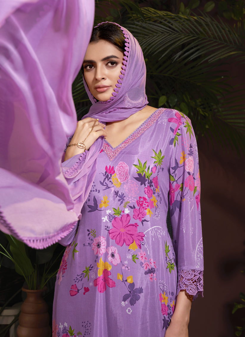 Lilac Pink Muslin Printed Readymade Pant Kameez