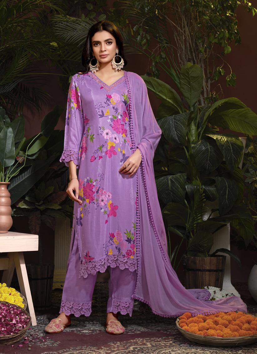 Lilac Pink Muslin Printed Readymade Pant Kameez