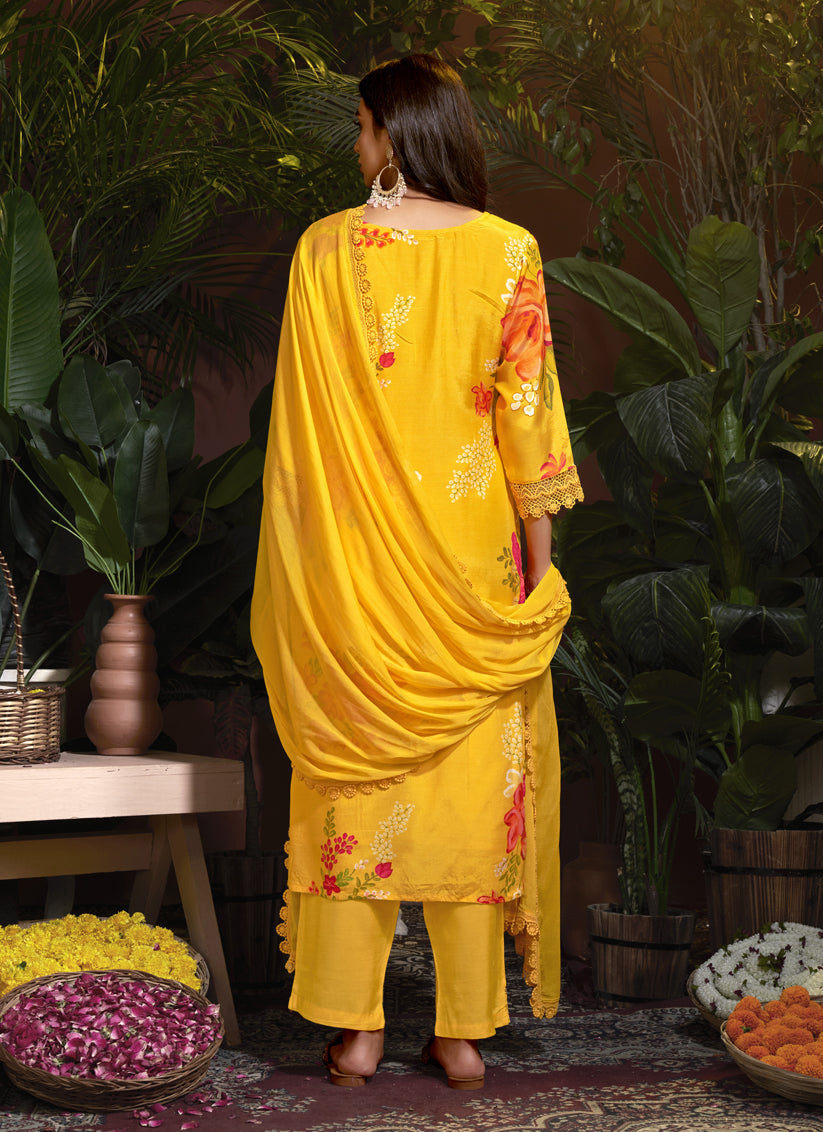 Sunny Yellow Muslin Printed Readymade Pant Kameez