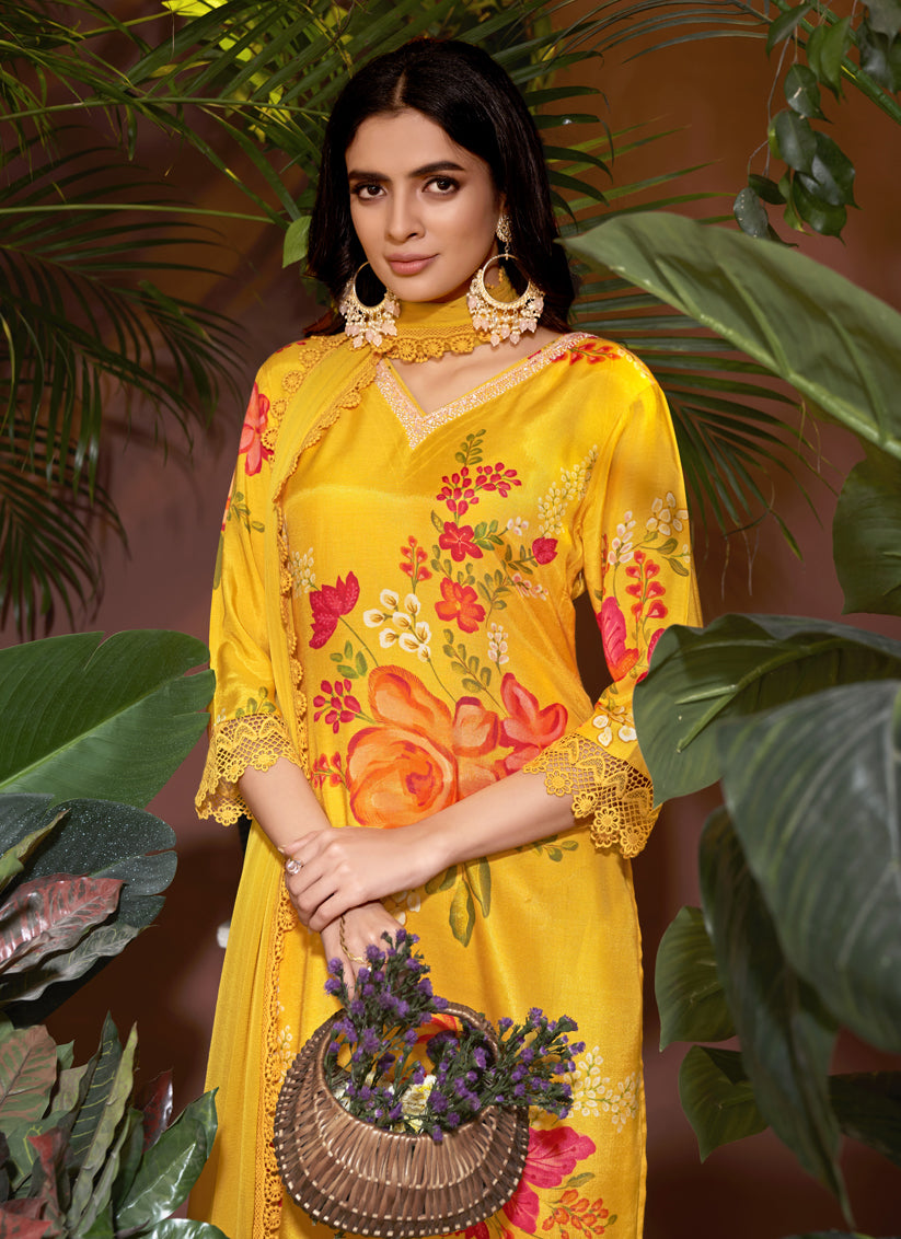 Sunny Yellow Muslin Printed Readymade Pant Kameez