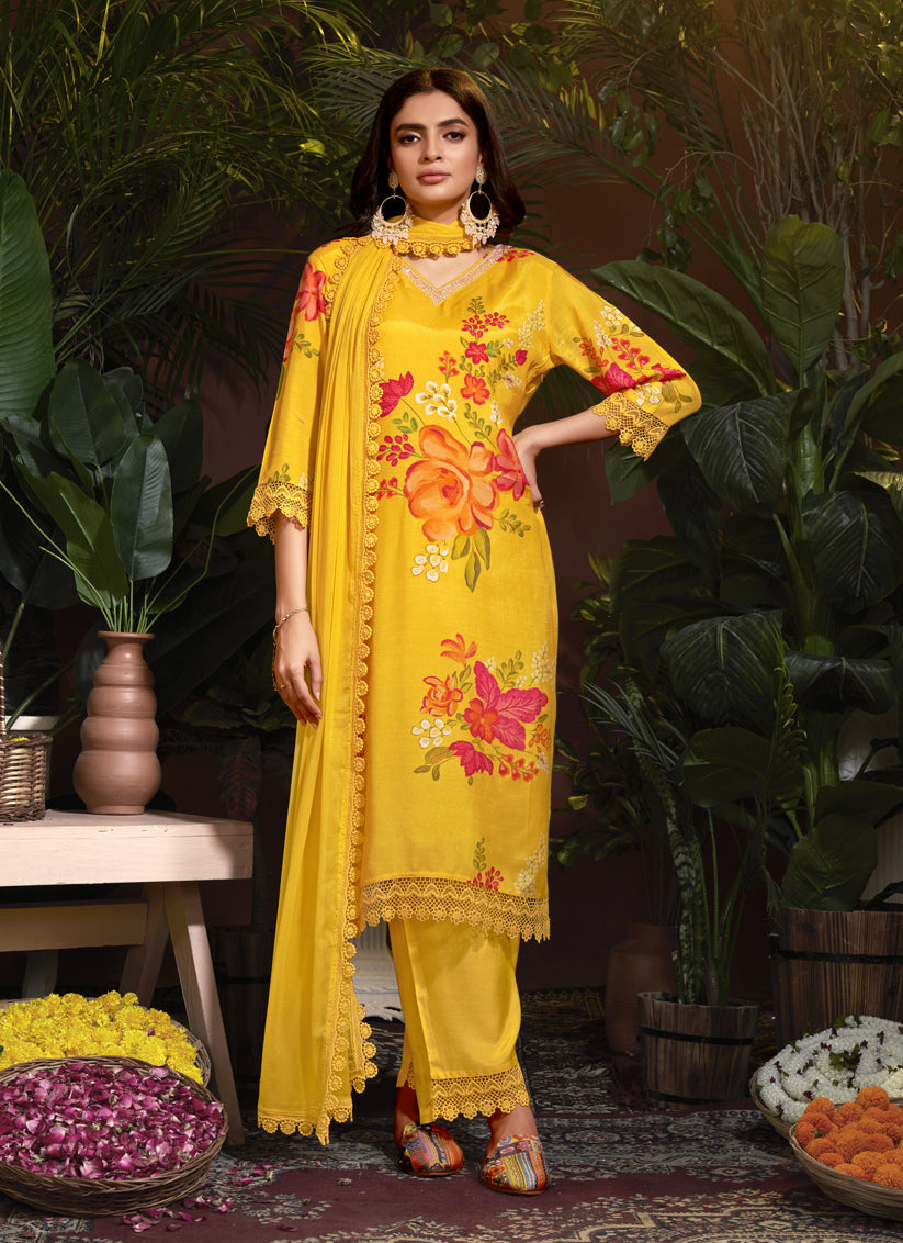 Sunny Yellow Muslin Printed Readymade Pant Kameez