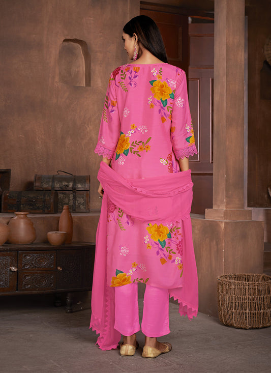 Hot Pink Muslin Printed Readymade Pant Kameez