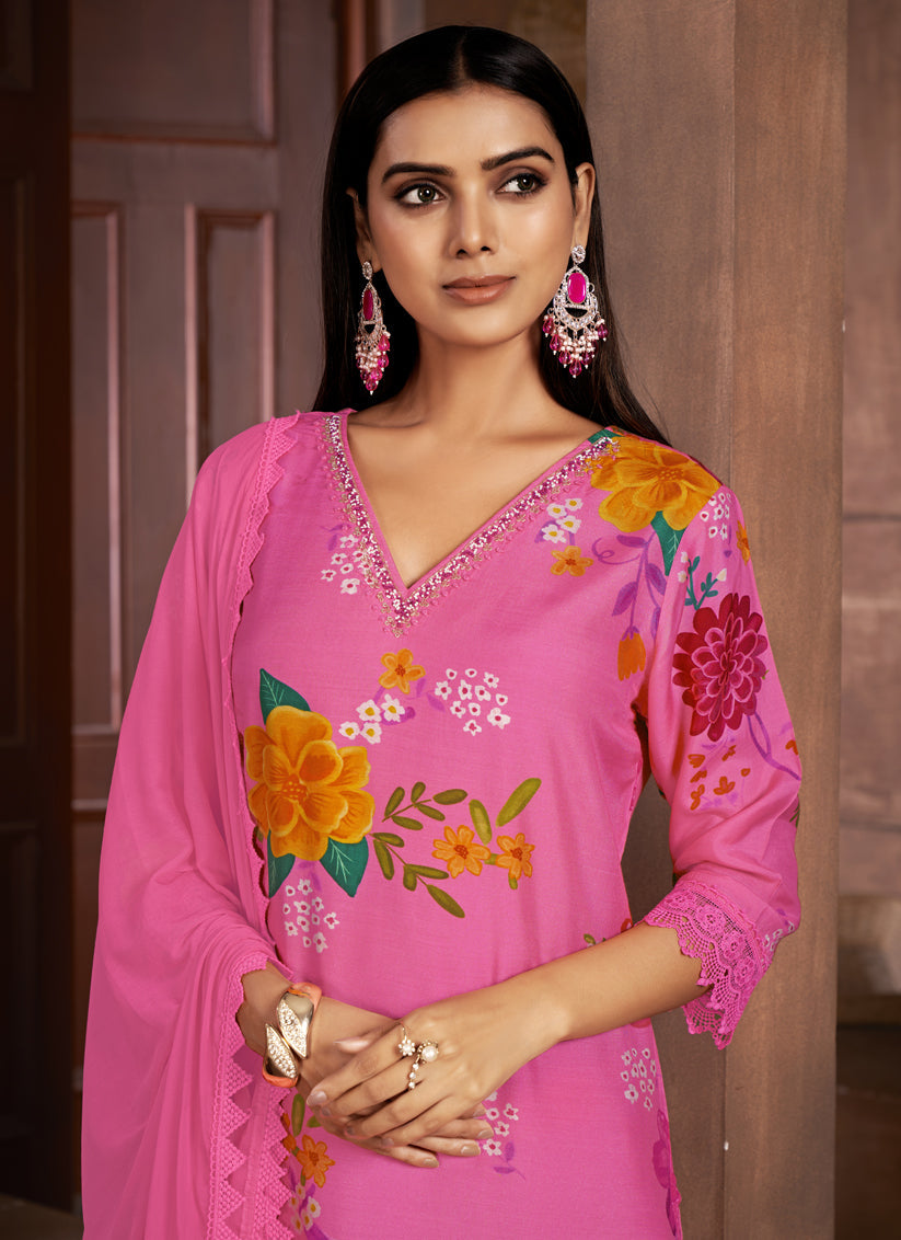 Hot Pink Muslin Printed Readymade Pant Kameez