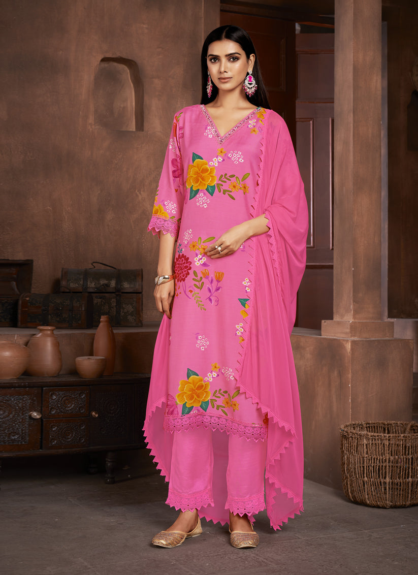Hot Pink Muslin Printed Readymade Pant Kameez