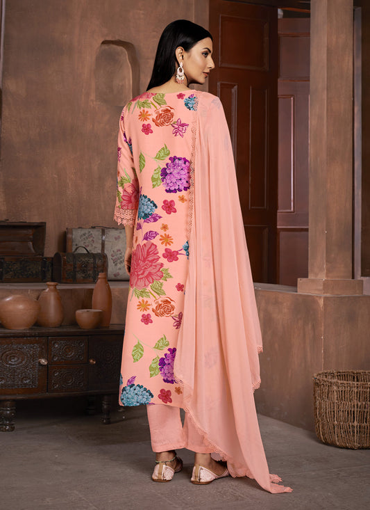 Peach Muslin Printed Readymade Pant Kameez