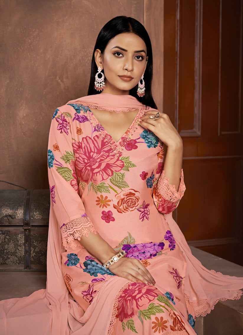 Peach Muslin Printed Readymade Pant Kameez