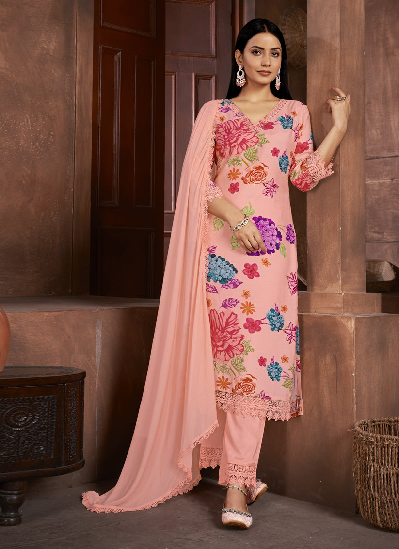 Peach Muslin Printed Readymade Pant Kameez