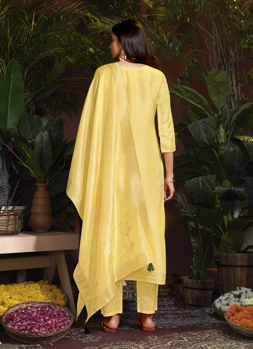 Pastel Yellow Viscose Handwork Readymade Pant Kameez