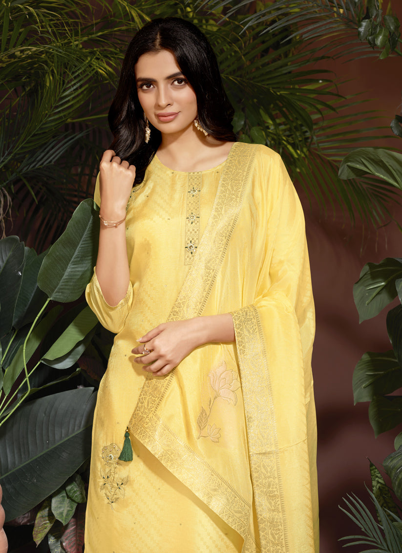 Pastel Yellow Viscose Handwork Readymade Pant Kameez