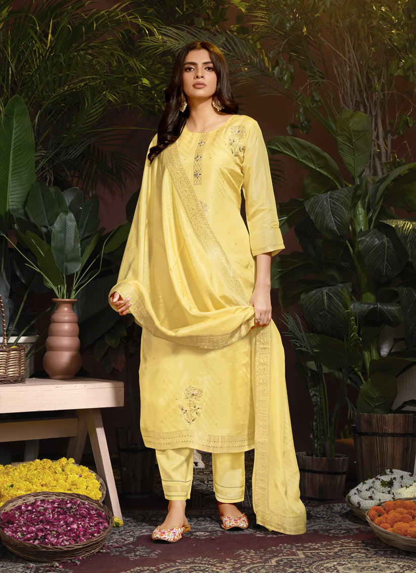 Pastel Yellow Viscose Handwork Readymade Pant Kameez