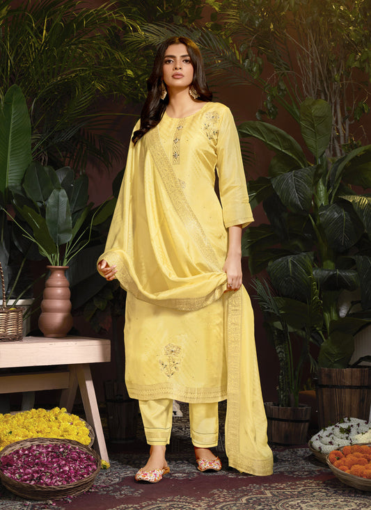 Pastel Yellow Viscose Handwork Readymade Pant Kameez