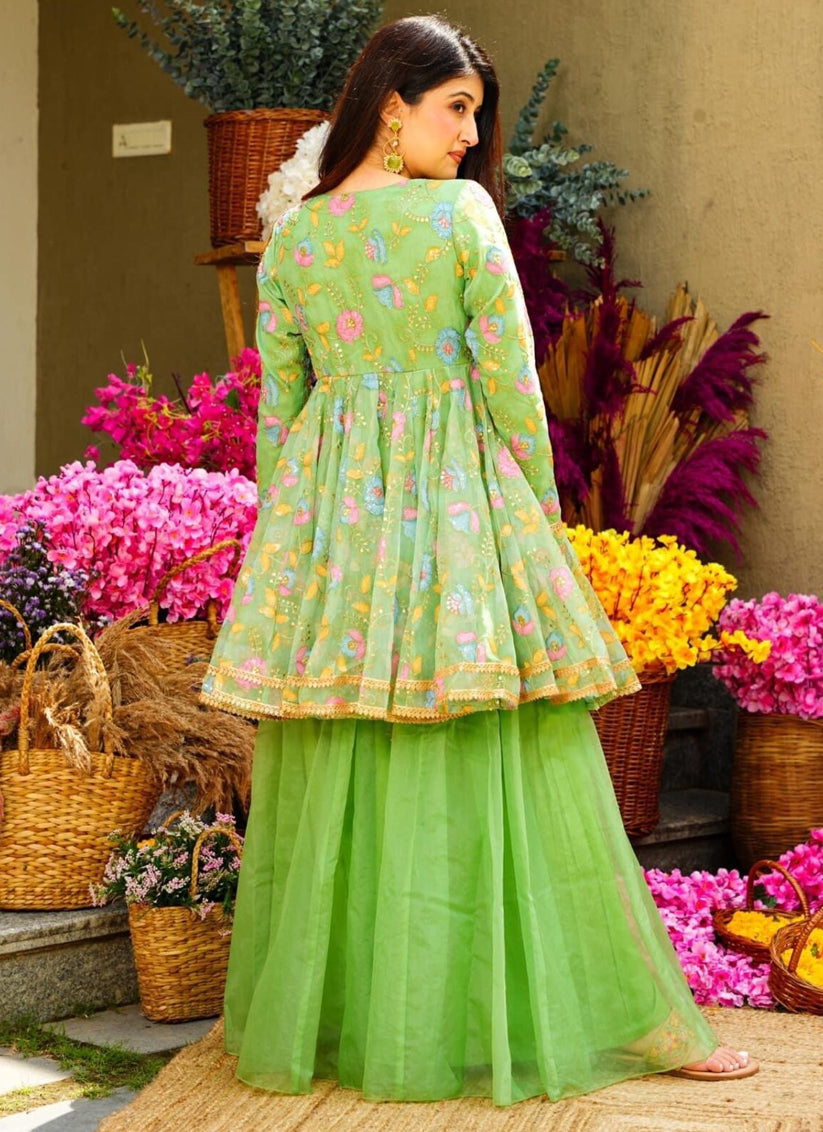 Pista Green Organza Readymade Wedding Sharara Suit