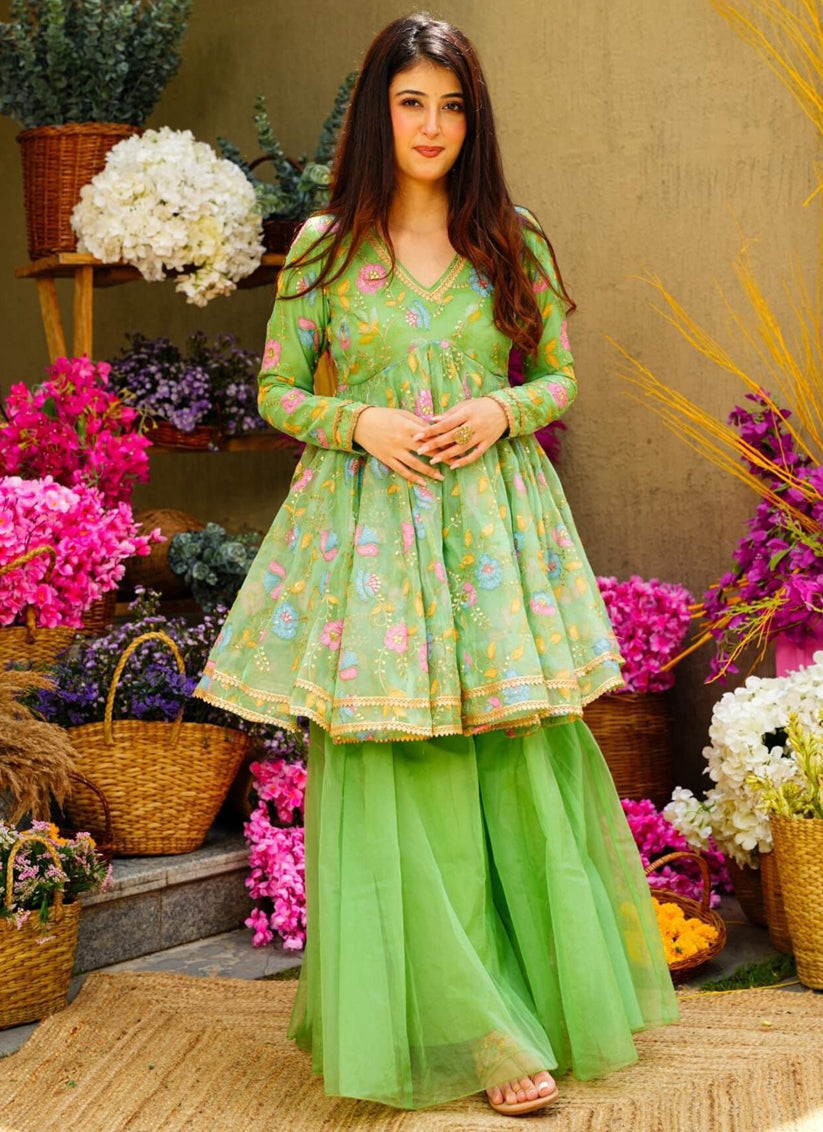 Pista Green Organza Readymade Wedding Sharara Suit