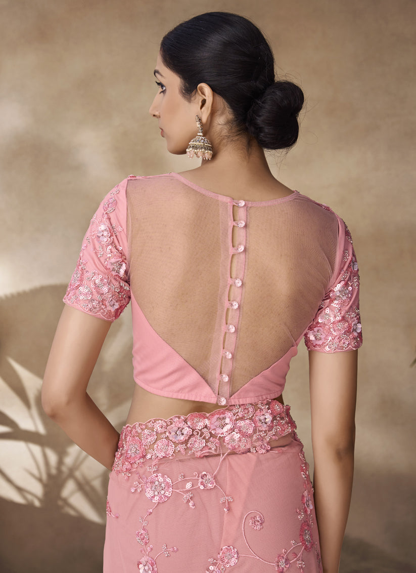 Peach Net Embroidered Designer Wedding Saree