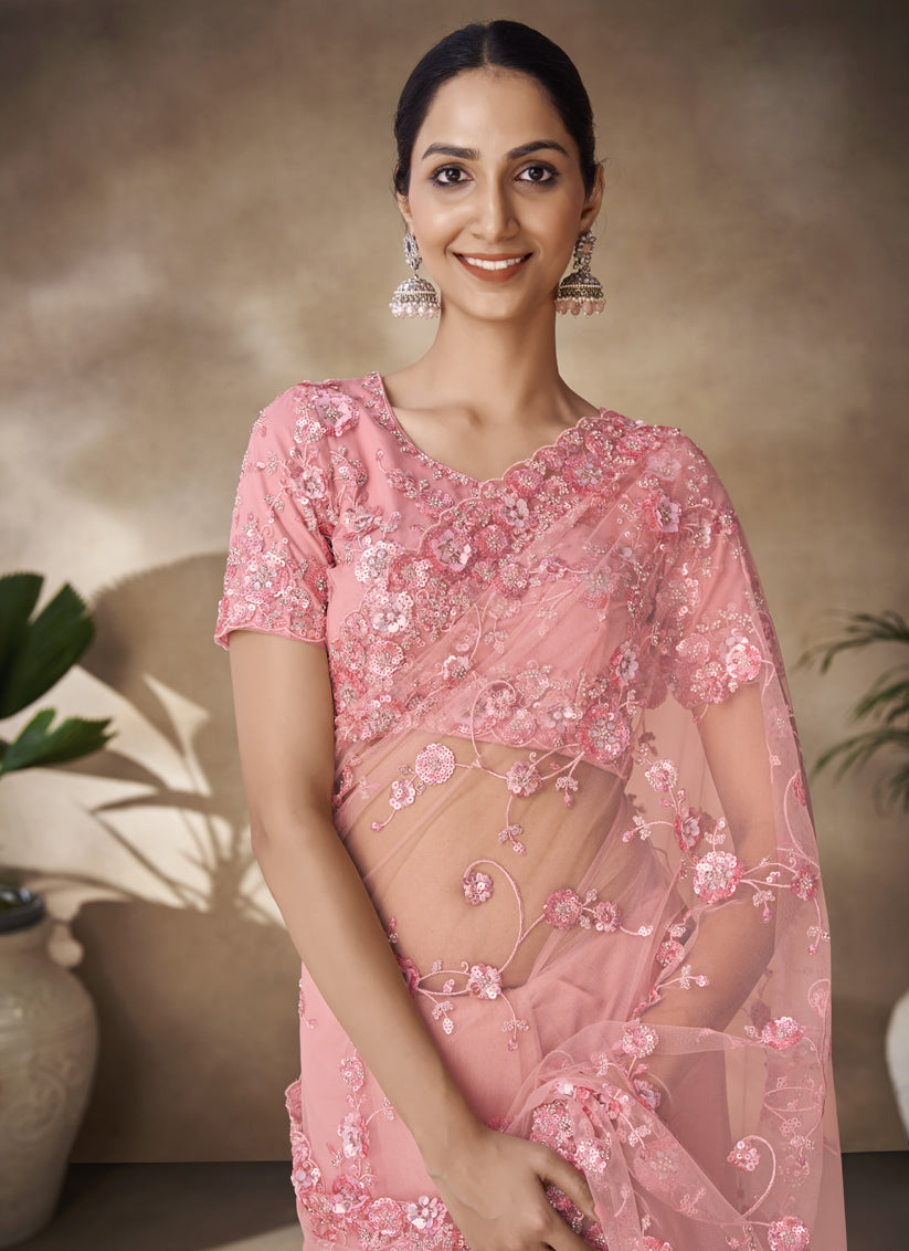 Peach Net Embroidered Designer Wedding Saree