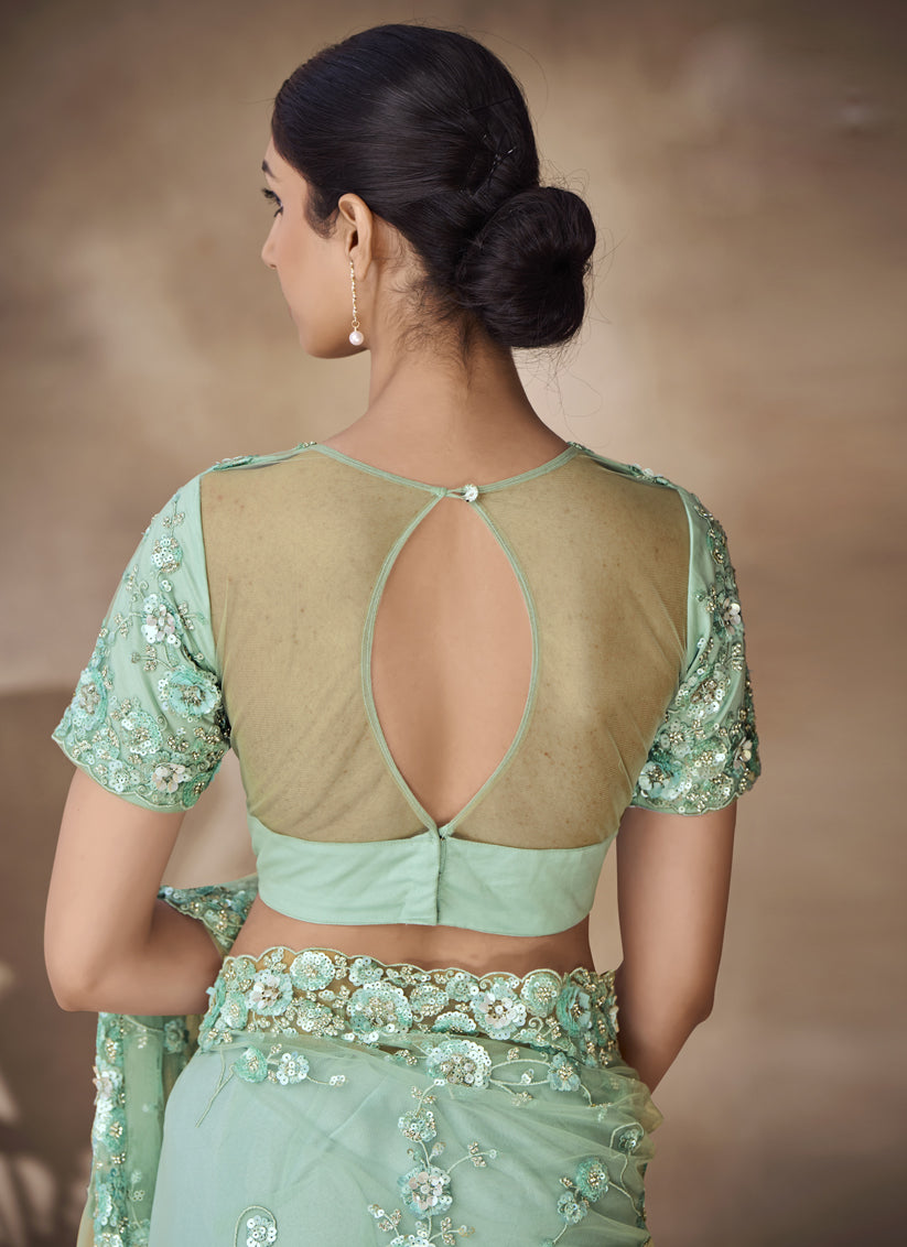 Mint Green Net Embroidered Designer Wedding Saree