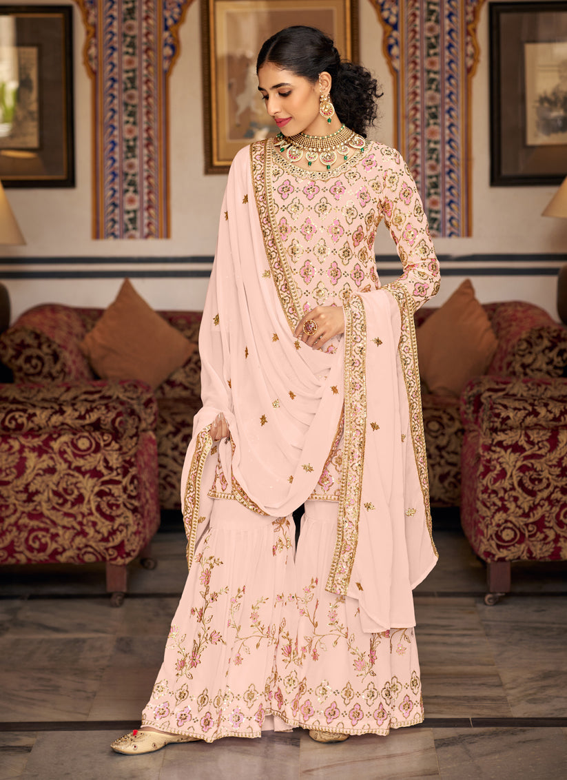 Blush Peach Faux Georgette Embroidered Sharara Kameez