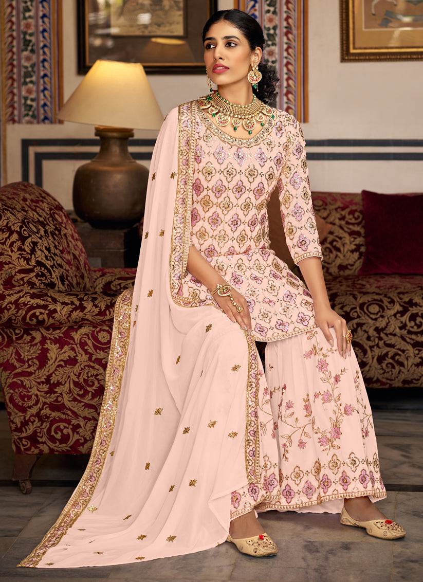 Blush Peach Faux Georgette Embroidered Sharara Kameez