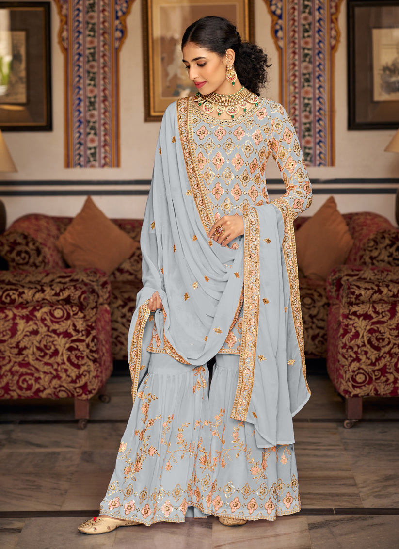 Soft Grey Faux Georgette Embroidered Sharara Kameez