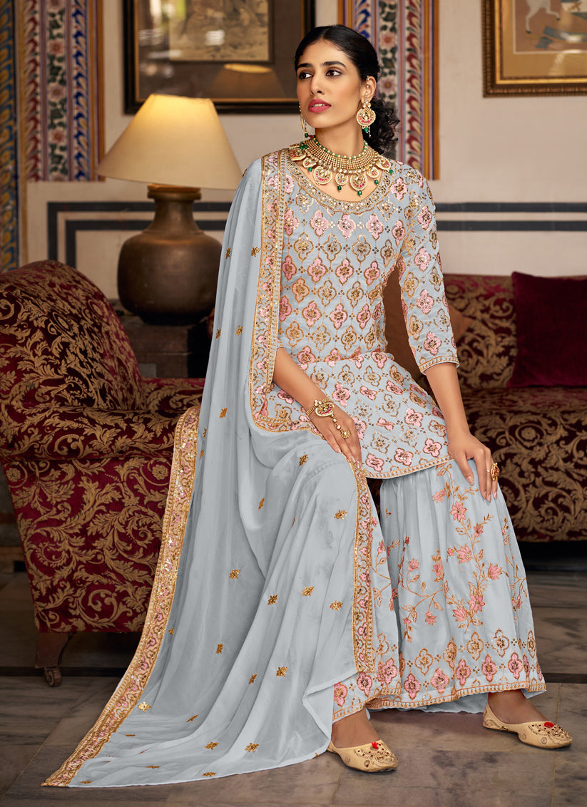 Soft Grey Faux Georgette Embroidered Sharara Kameez