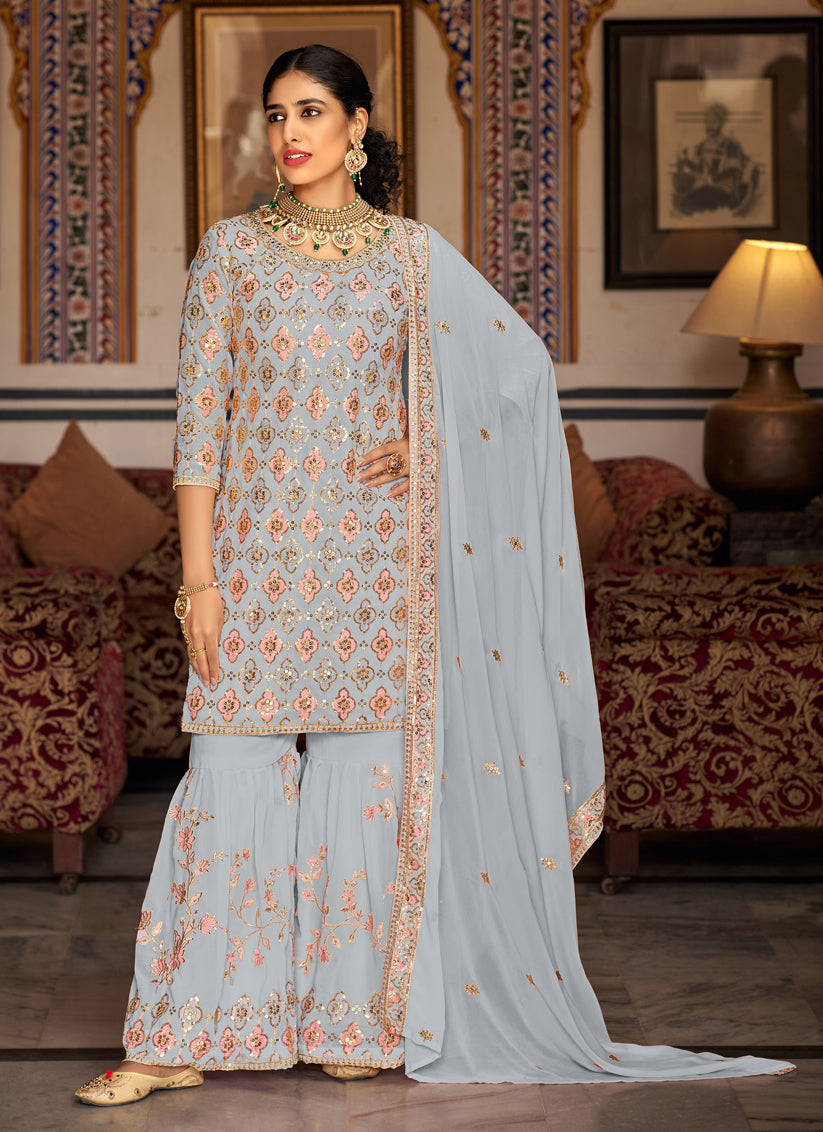 Soft Grey Faux Georgette Embroidered Sharara Kameez
