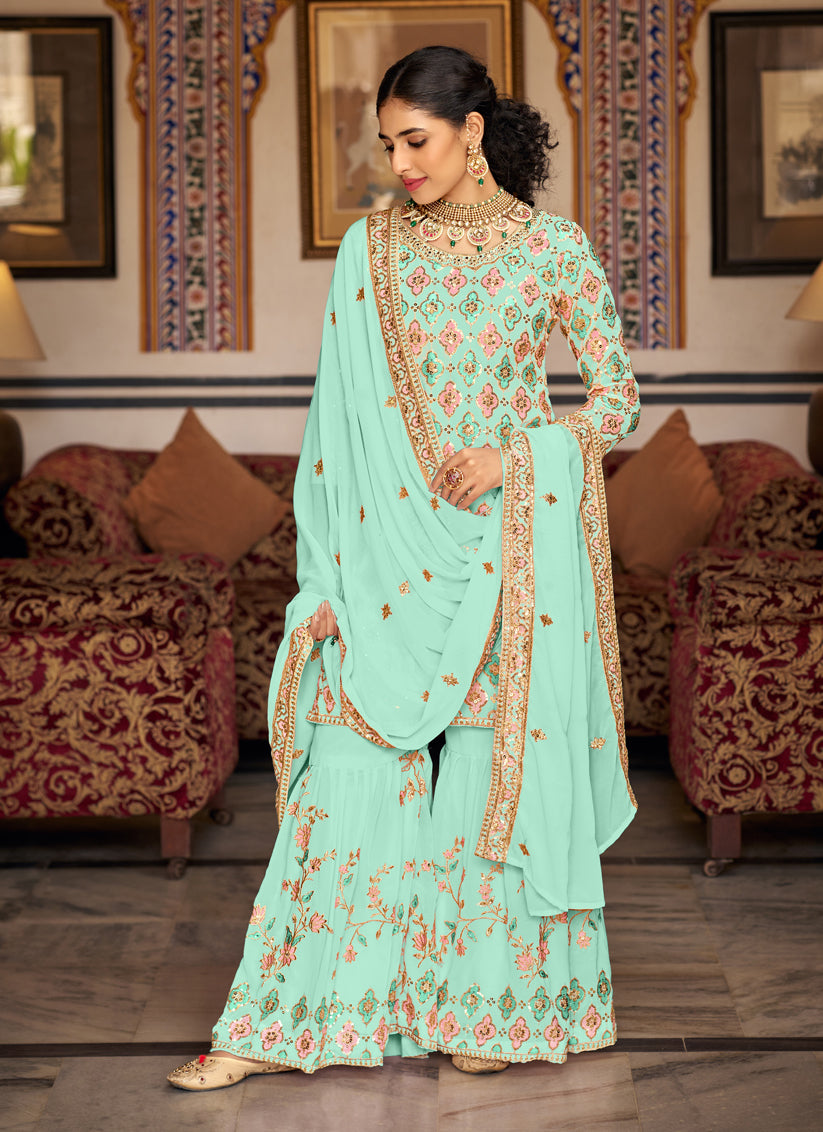 Ice Mint Faux Georgette Embroidered Sharara Kameez