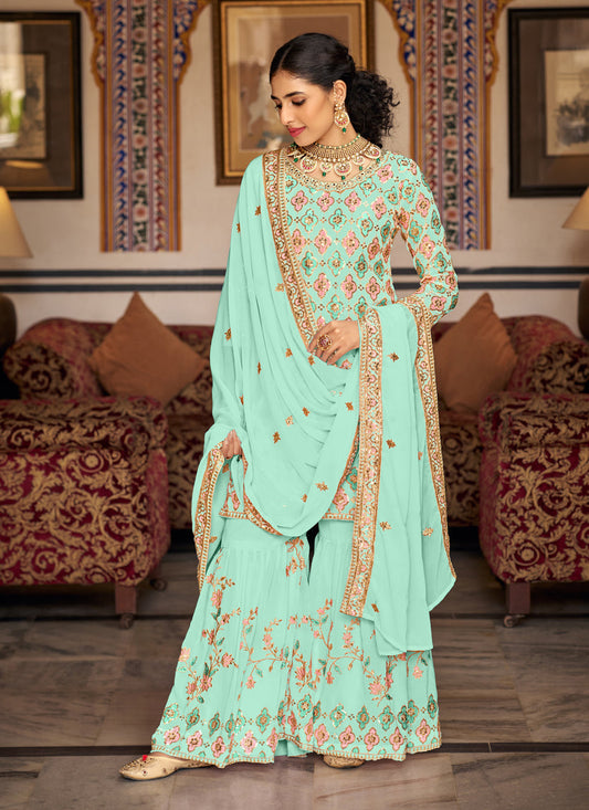 Ice Mint Faux Georgette Embroidered Sharara Kameez