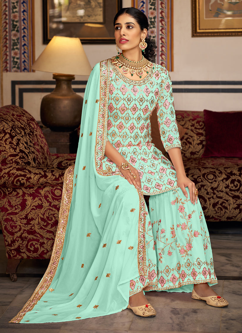 Ice Mint Faux Georgette Embroidered Sharara Kameez