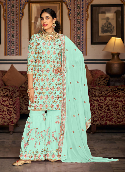 Ice Mint Faux Georgette Embroidered Sharara Kameez