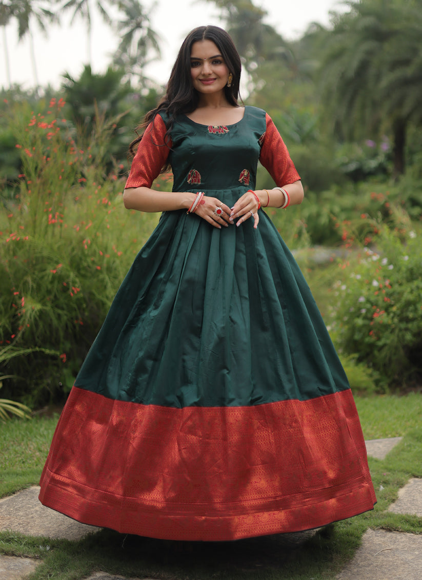 Pine Green Banarasi Jacquard Silk Gown For Festival
