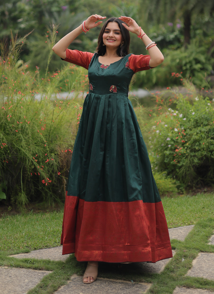 Pine Green Banarasi Jacquard Silk Gown For Festival