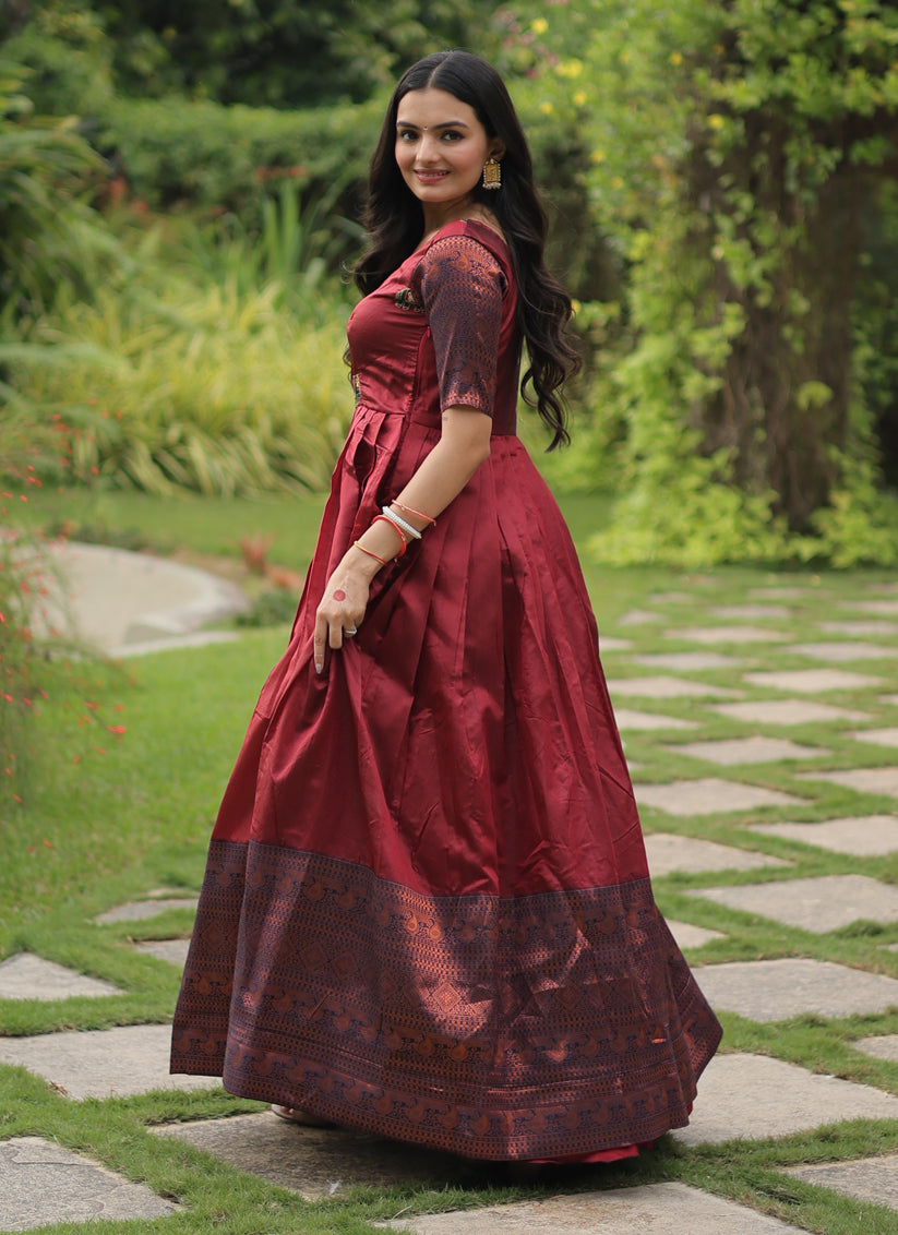 Maroon Banarasi Jacquard Silk Gown For Festival