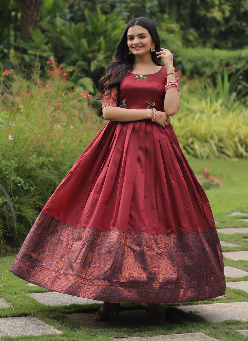 Maroon Banarasi Jacquard Silk Gown For Festival