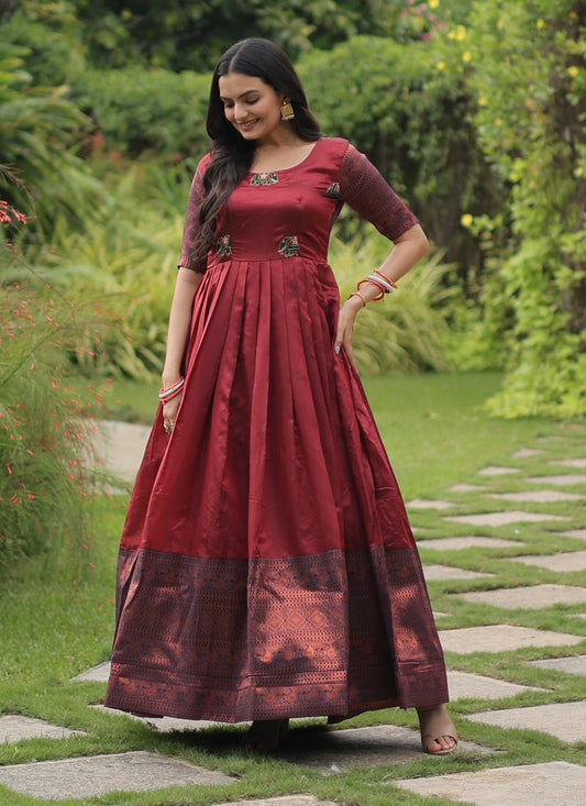 Maroon Banarasi Jacquard Silk Gown For Festival