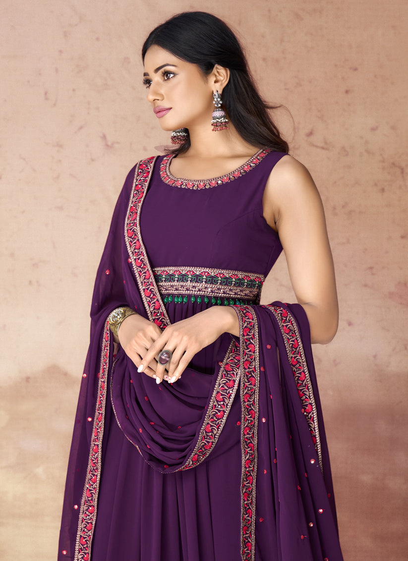 Wine Georgette Readymade Palazzo Kameez