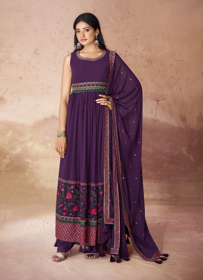 Wine Georgette Readymade Palazzo Kameez