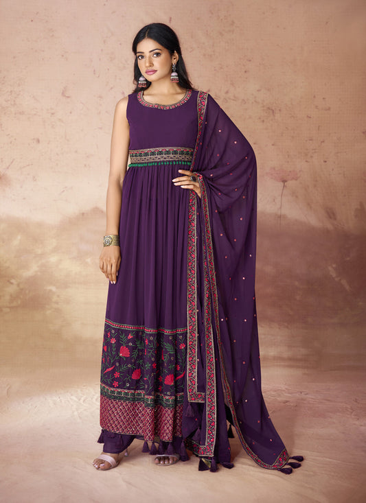 Wine Georgette Readymade Palazzo Kameez