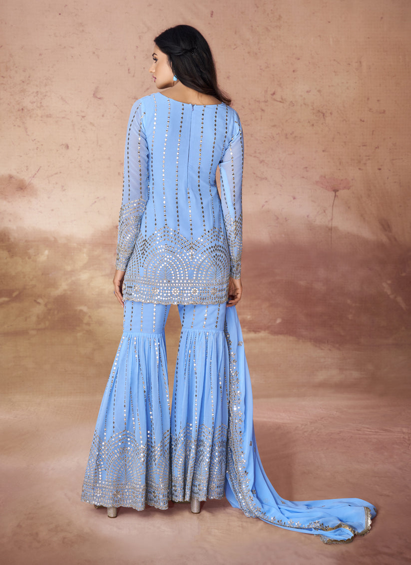 Sky Blue Georgette Readymade Sharara Kameez