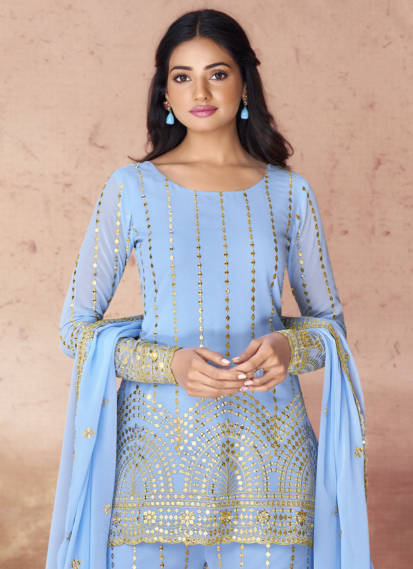 Sky Blue Georgette Readymade Sharara Kameez