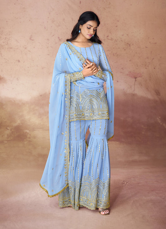 Sky Blue Georgette Readymade Sharara Kameez