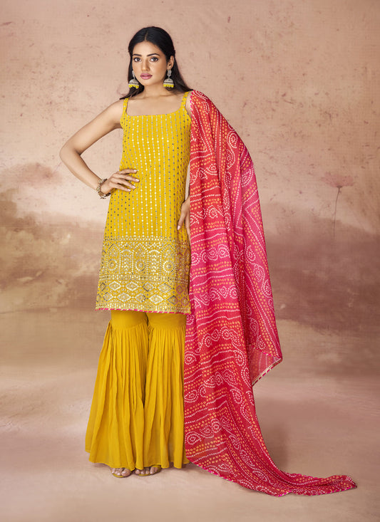 Mustard Georgette Readymade Sharara Kameez