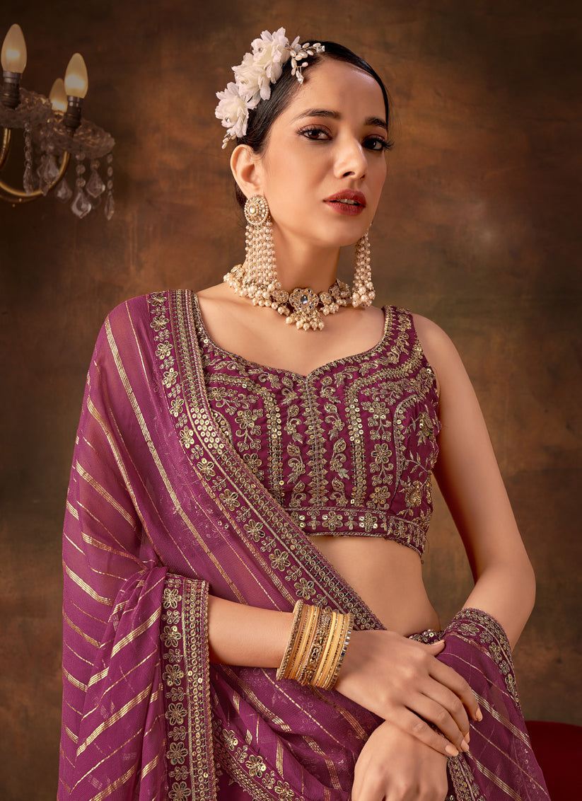 Wine Pure Georgette Sequins & Thread Work Lehenga Choli