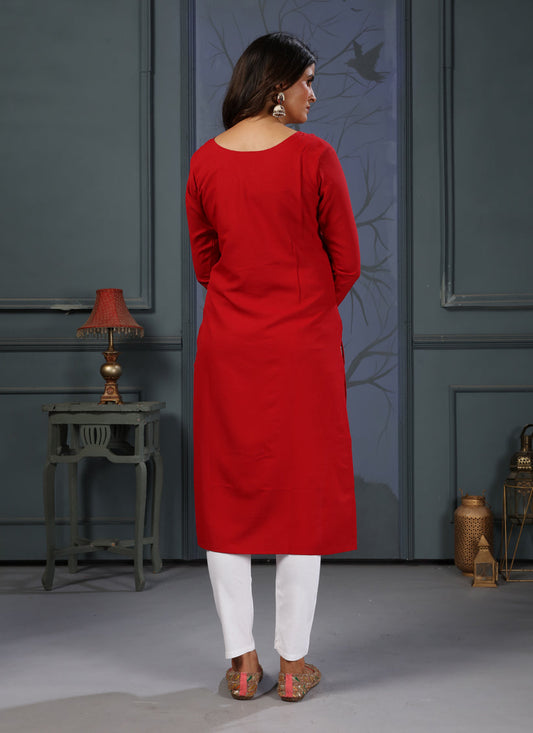 Rust Red Cotton Embellished Kurti with Bottom