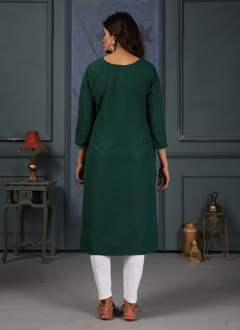 Pine Green Cotton Embellished Kurti with Bottom