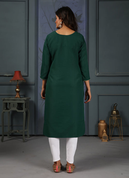 Pine Green Cotton Embellished Kurti with Bottom