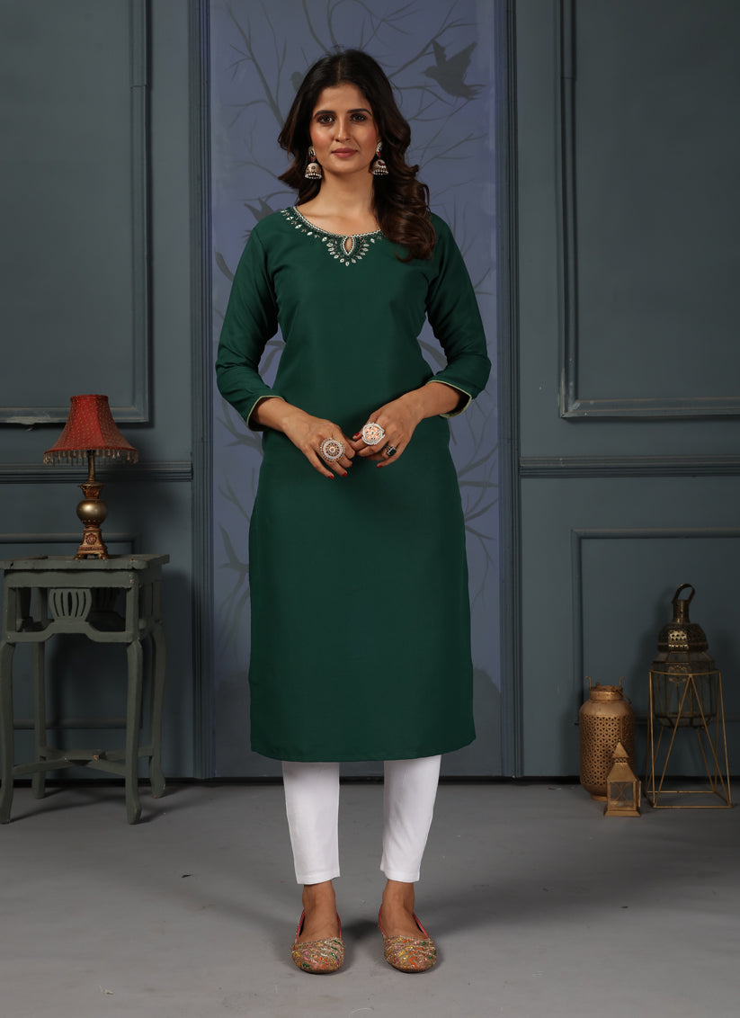 Pine Green Cotton Embellished Kurti with Bottom