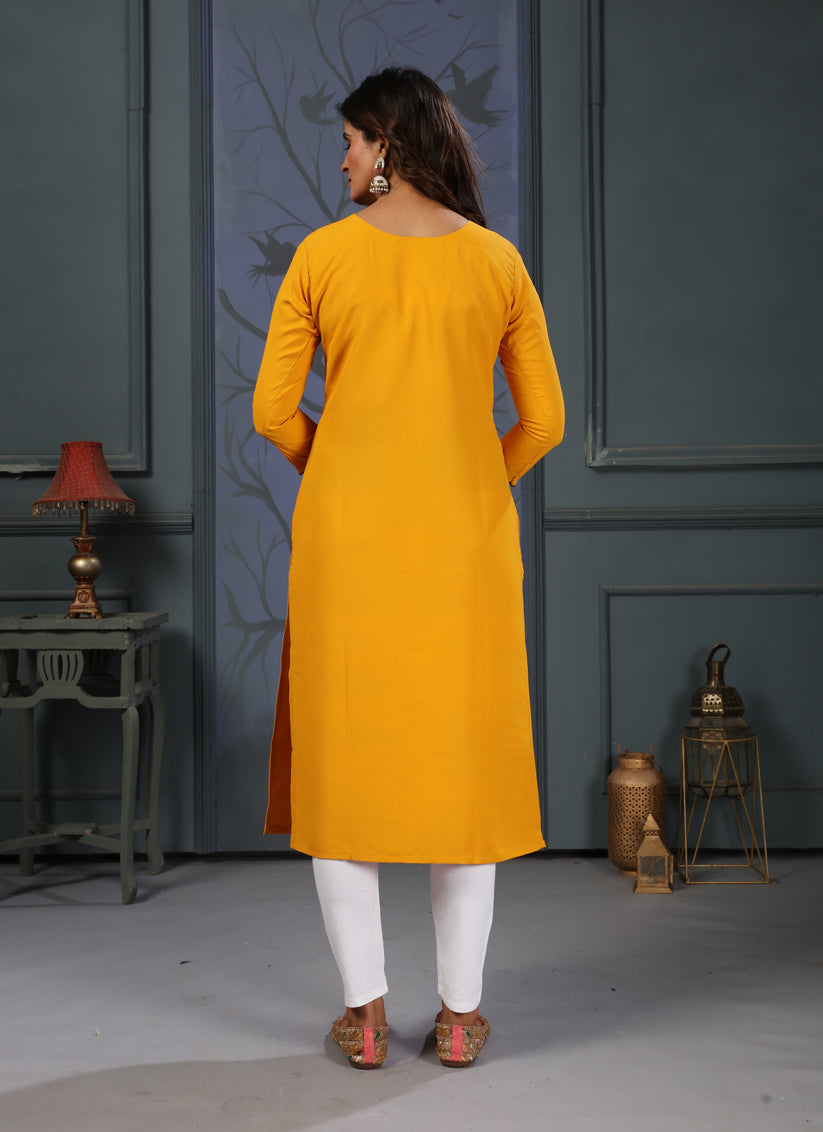 Mustard Yellow Cotton Embellished Kurti with Bottom