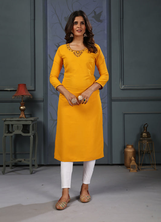 Mustard Yellow Cotton Embellished Kurti with Bottom