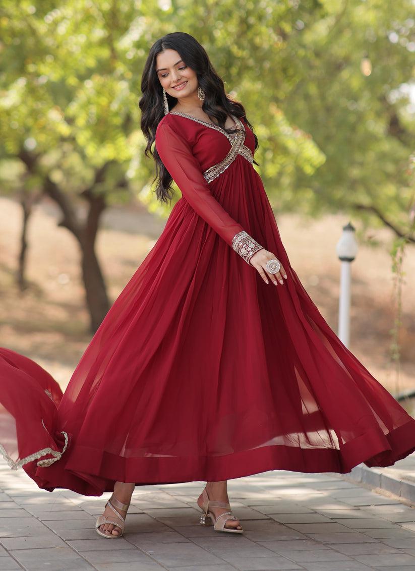 Maroon Faux Georgette Embroidered Gown